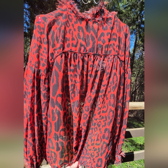 Zara Tops - Zara 1975 Jeans Collection Red&Black Leopard Print Sheer Long Sleeve Blouse SzM